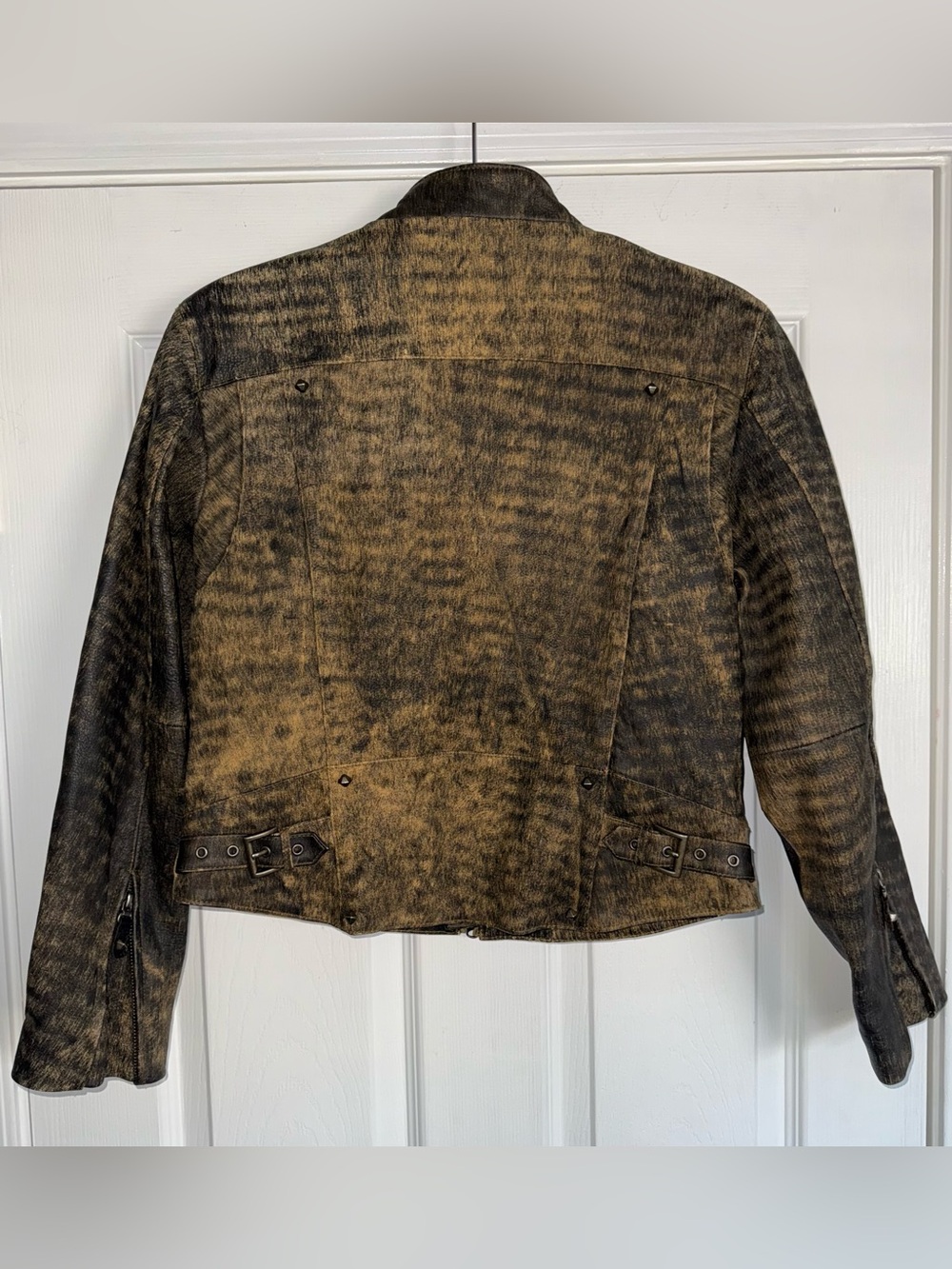 HARLEY DAVIDSON Vintage Distressed Tiger Stripe Leather Stud Riding Zip Jacket S - Picture 7 of 13
